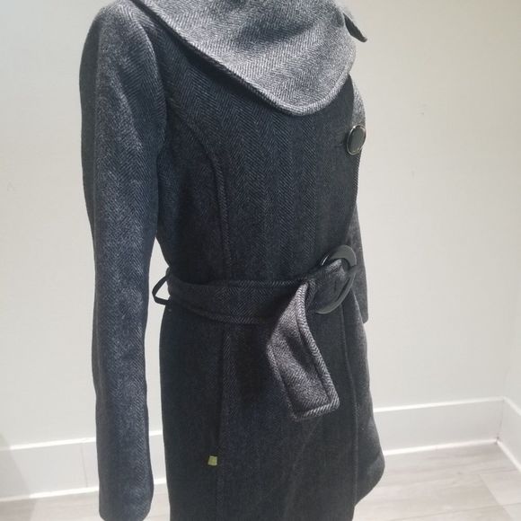 Anthropologie Soia & Kyo Grey Herringbone Wool Blend Belted Lined Coat Sz XL - Picture 9 of 10